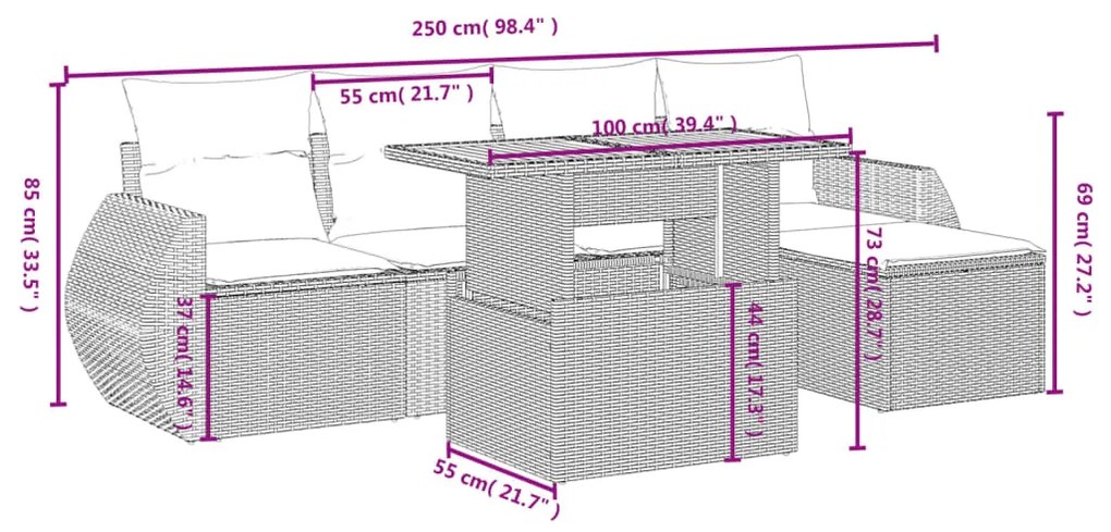 6 pcs conjunto de sofás p/ jardim com almofadões vime PE bege