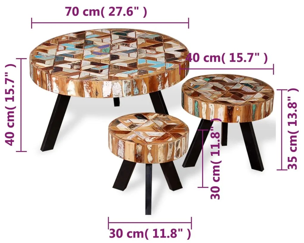 Conjunto de mesas de centro 3 pcs madeira recuperada maciça