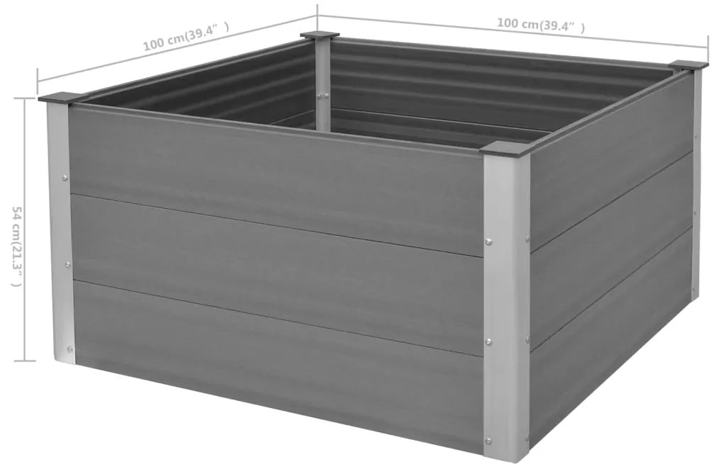 Canteiro elevado para jardim WPC 100x100x54 cm cinzento