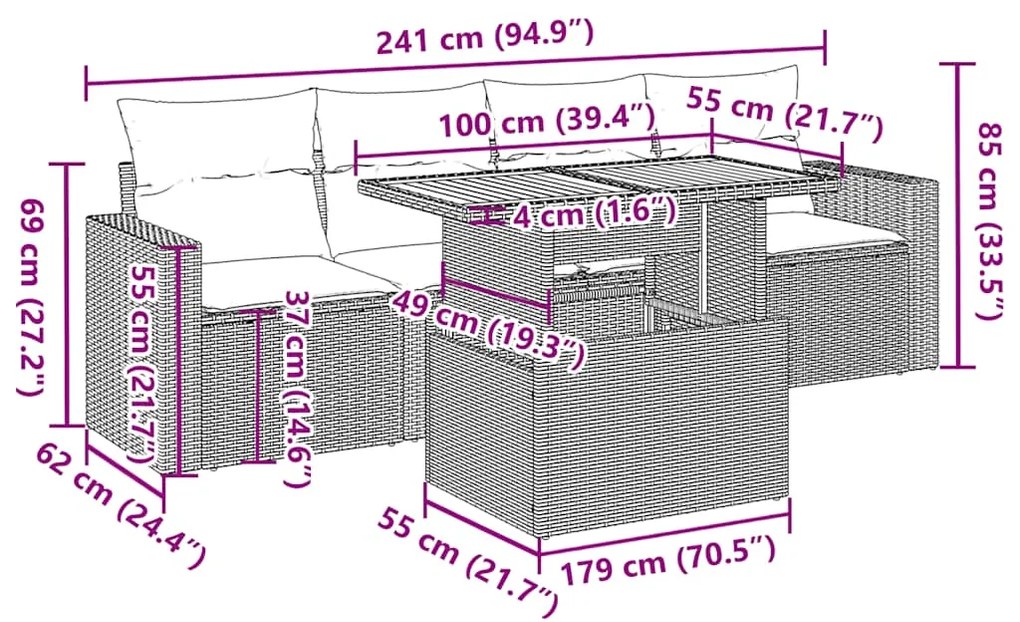 5 pcs conjunto de sofás p/ jardim com almofadões vime PE bege