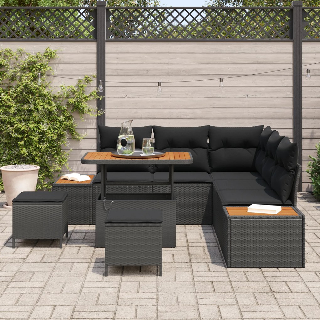 Conjunto de 8 Peças de Sofás de Jardim com Almofadas em Rattan Preto d