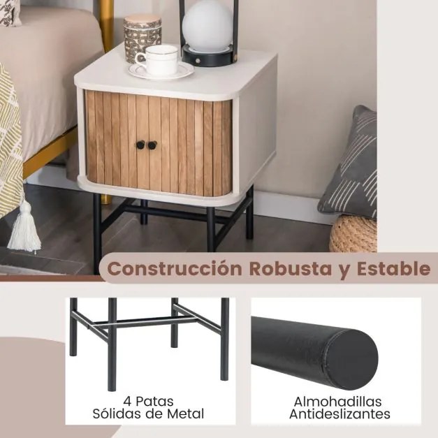 Mesa de cabeceira ou de mesa de apoio com portas de correr com armário de arrumação Pés de metal 40 x 39 x 49 cm Branca