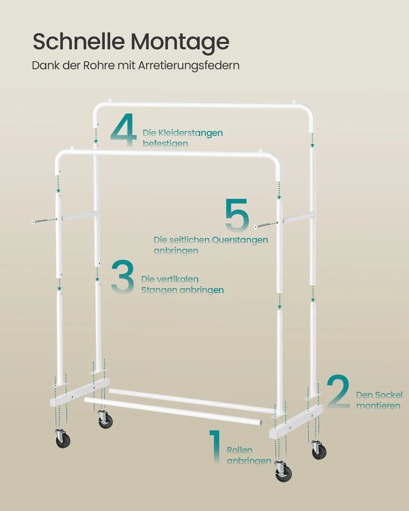 Guarda roupa Cabideiro 46,5 x 110 x 155,5 cm com rodas para arrumação flexível, branco mate