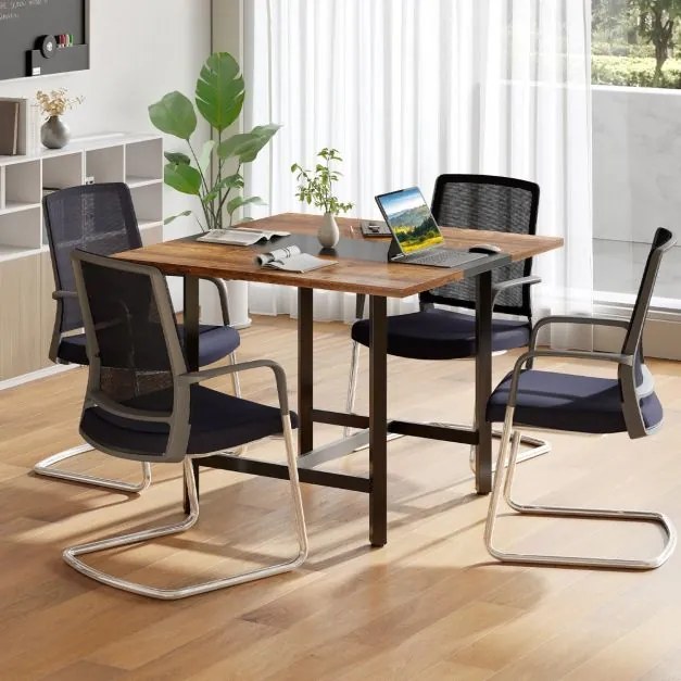 Mesa de reuniões quadrada 100 x 100 x 75 cm com tampo espesso para sala de reuniões para 4 pessoas, castanho rústico e preto