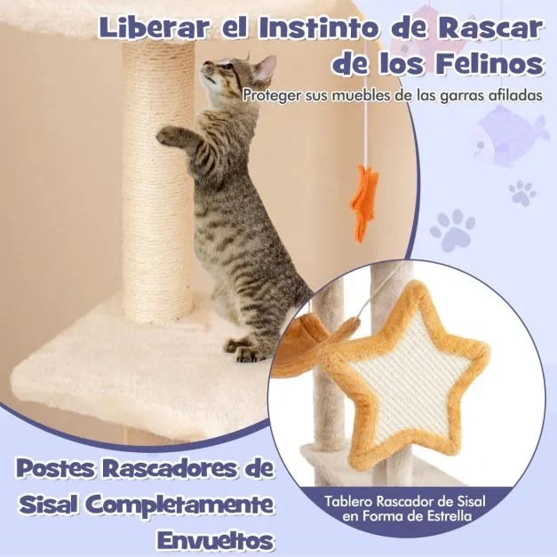 Arranhador para gatos grande 61 x 41 x 160 cm alto com brinquedos, rede e base estável para vários gatos bege