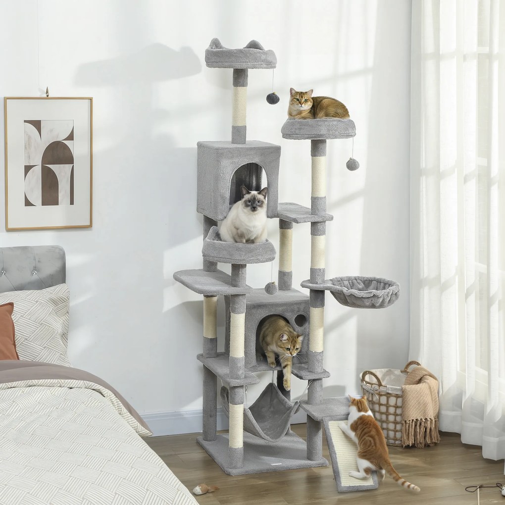 Arranhador para gatos com torre de brincadeiras: 8 postes para arranhar, 4 plataformas, 2 compartimentos abertos, escada e 3 bolas; altura: 192 cm; ci
