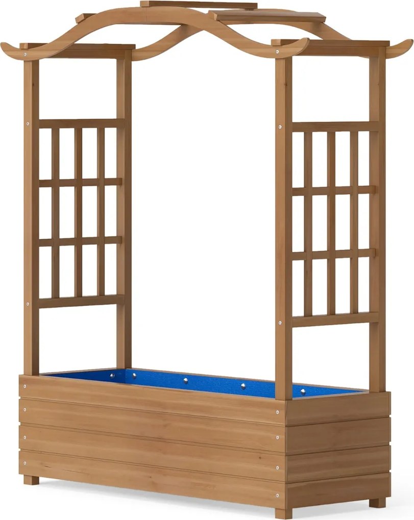 Floreira elevada com treliça 110 x 40 x 124 cm de madeira maciça com teto suspenso 2 treliças laterais Vaso inferior natural