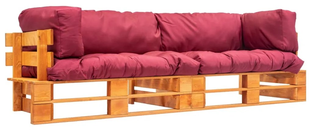 277452 vidaXL Sofás paletes jardim 2 pcs almofadões vermelhos madeira pinho
