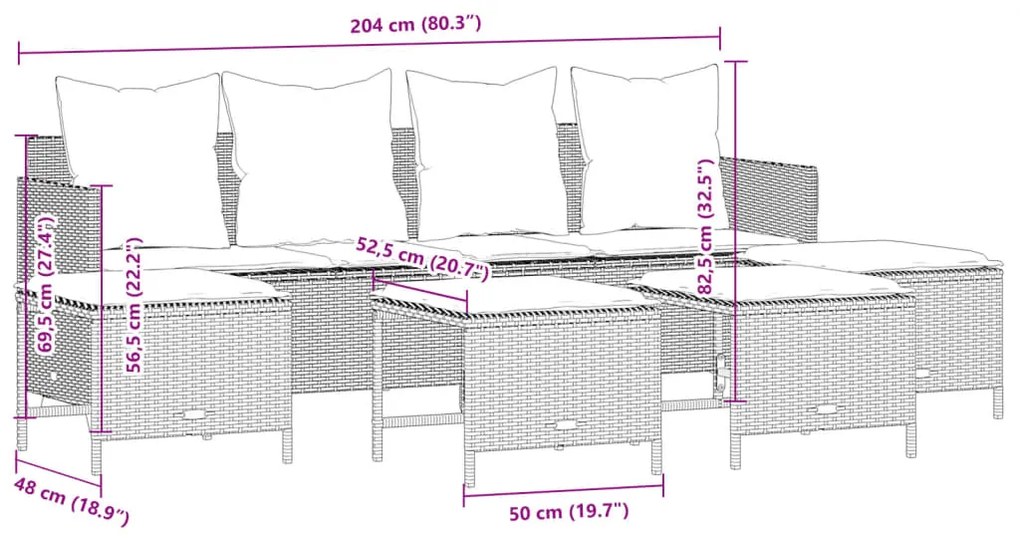 5 pcs conj. sofás jardim c/ almofadões vime PE cinzento-claro