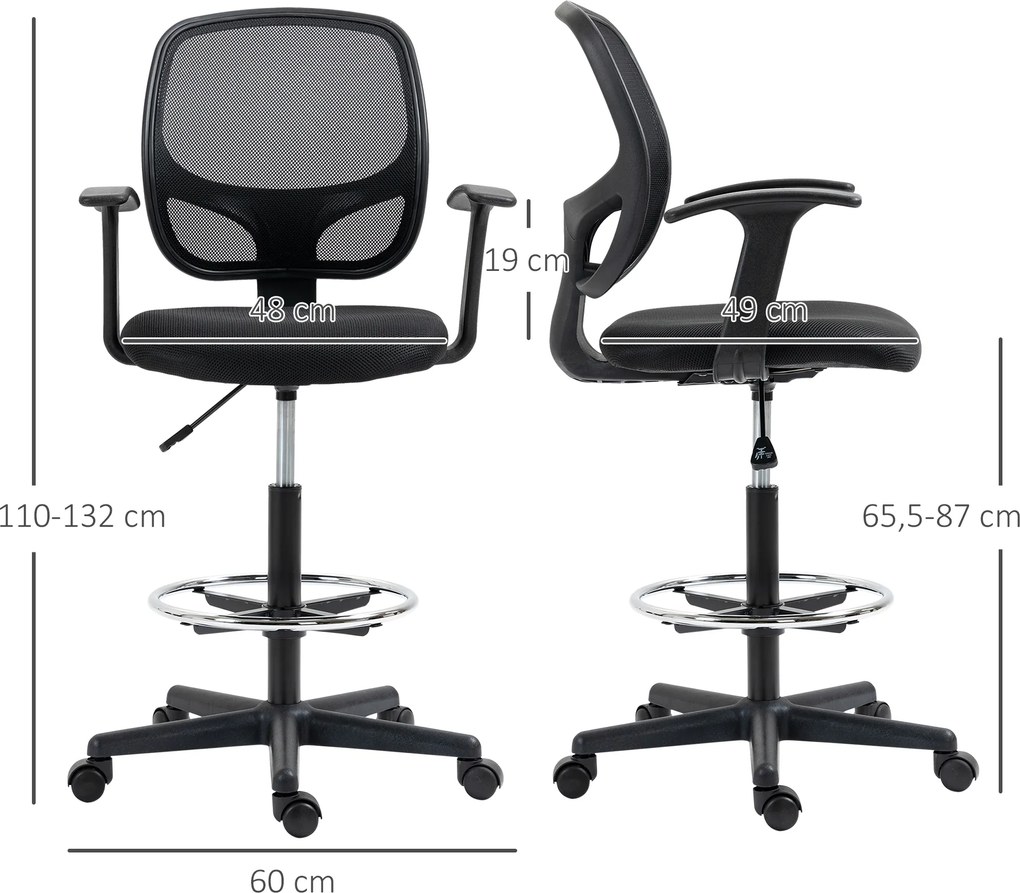 Cadeira de escritório ergonómica, apoio para os pés, encosto em malha, altura ajustável, 60 x 56 x 110–132 cm, preta
