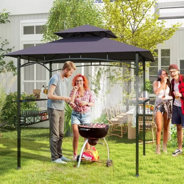 Pergula tenda para churrascos 242 x 153 cm com 2 prateleiras laterais, cesto, ganchos, abridor de garrafas, estrutura de metal para jardim ou pátio Ci