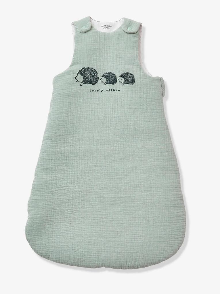 Saco de bebé sem mangas, em gaze de algodão bio*, tema Lovely Nature verde medio liso com motivo