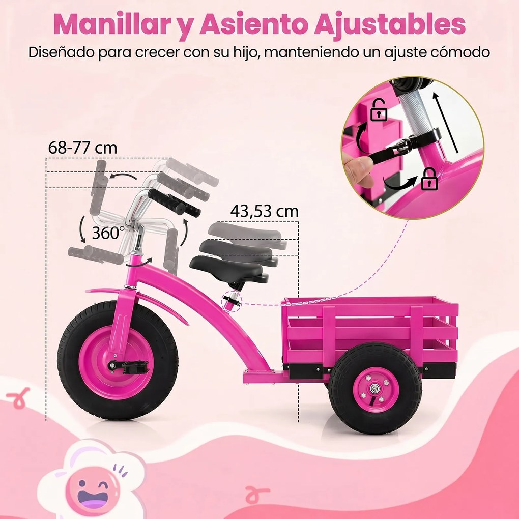 Triciclo Infantil Evolutivo, 117 x 55 x 68 cm, Assento e Guiador Ajustáveis, Rosa