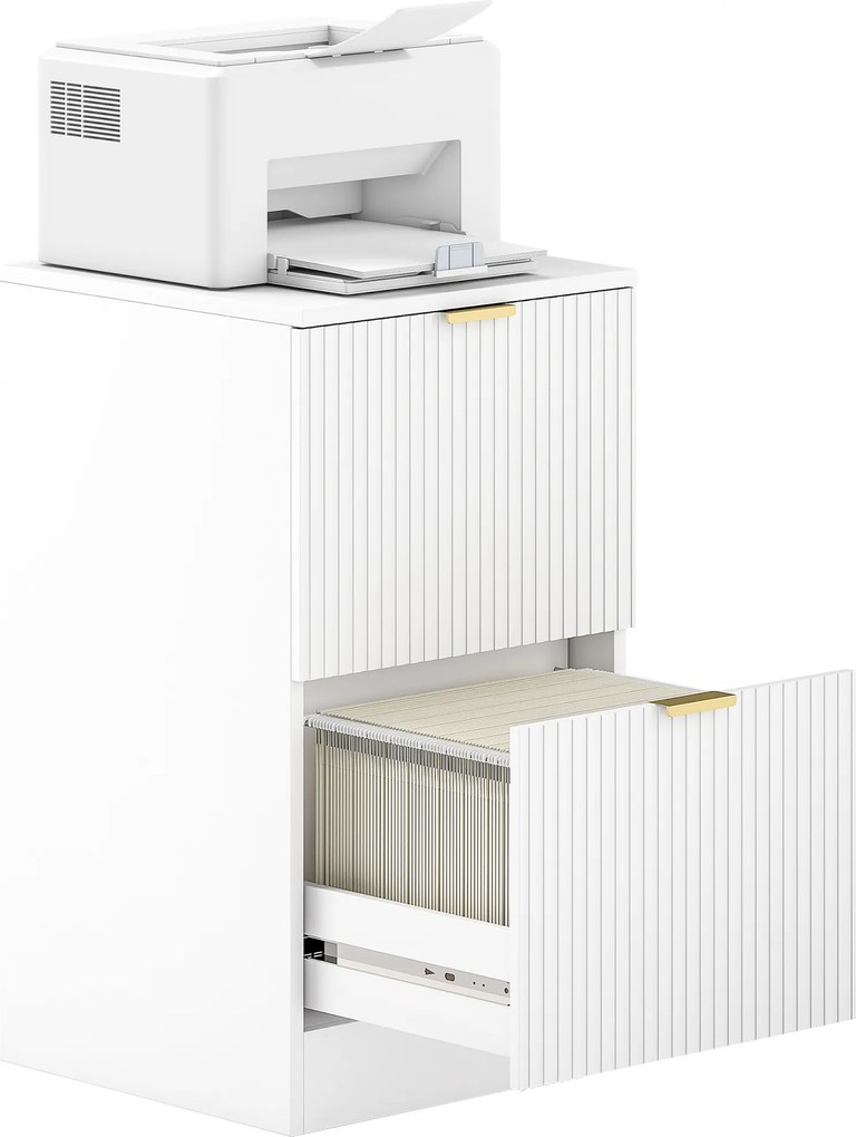 Bloco de Gavetas de Escritório com 2 Gavetas Frentes Caneladas Móvel para Arquivo para Tamanho A4 ou Carta 40x40x71 cm Branco
