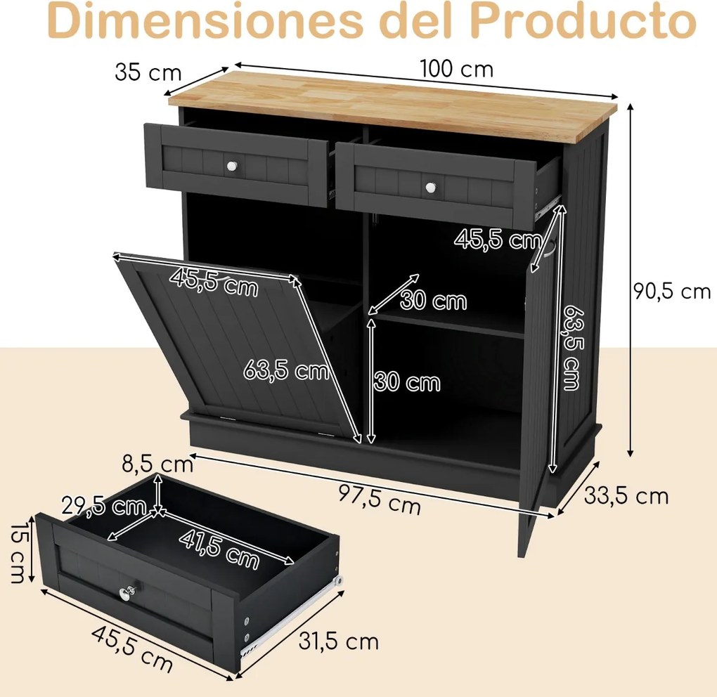 Armário de cozinha 100 x 35 x 90,5 cm com caixote lixo rebatível de 42 L 2 gavetas Estante ajustável para sala de jantar Preto