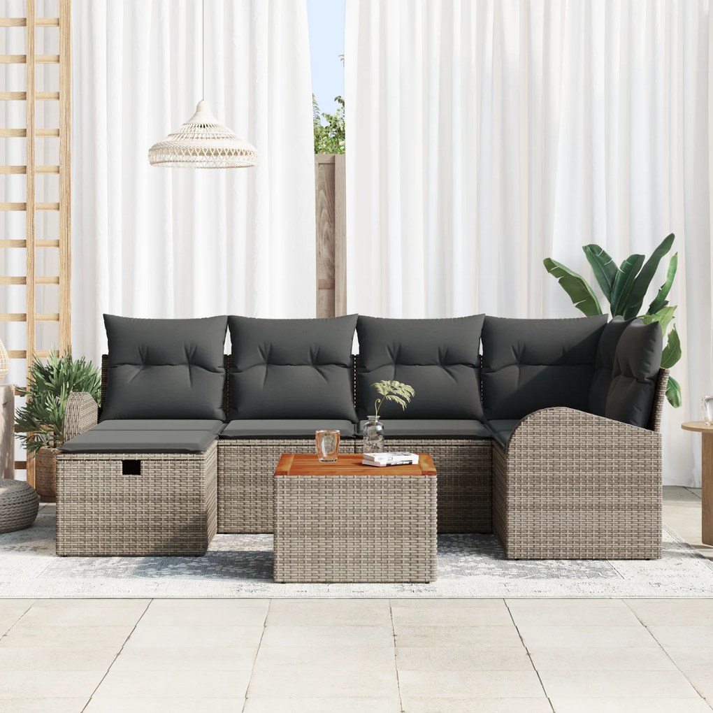 Conjunto de Sofá de Jardim de 7 Peças com Almofadas Cinza Rattan Poly