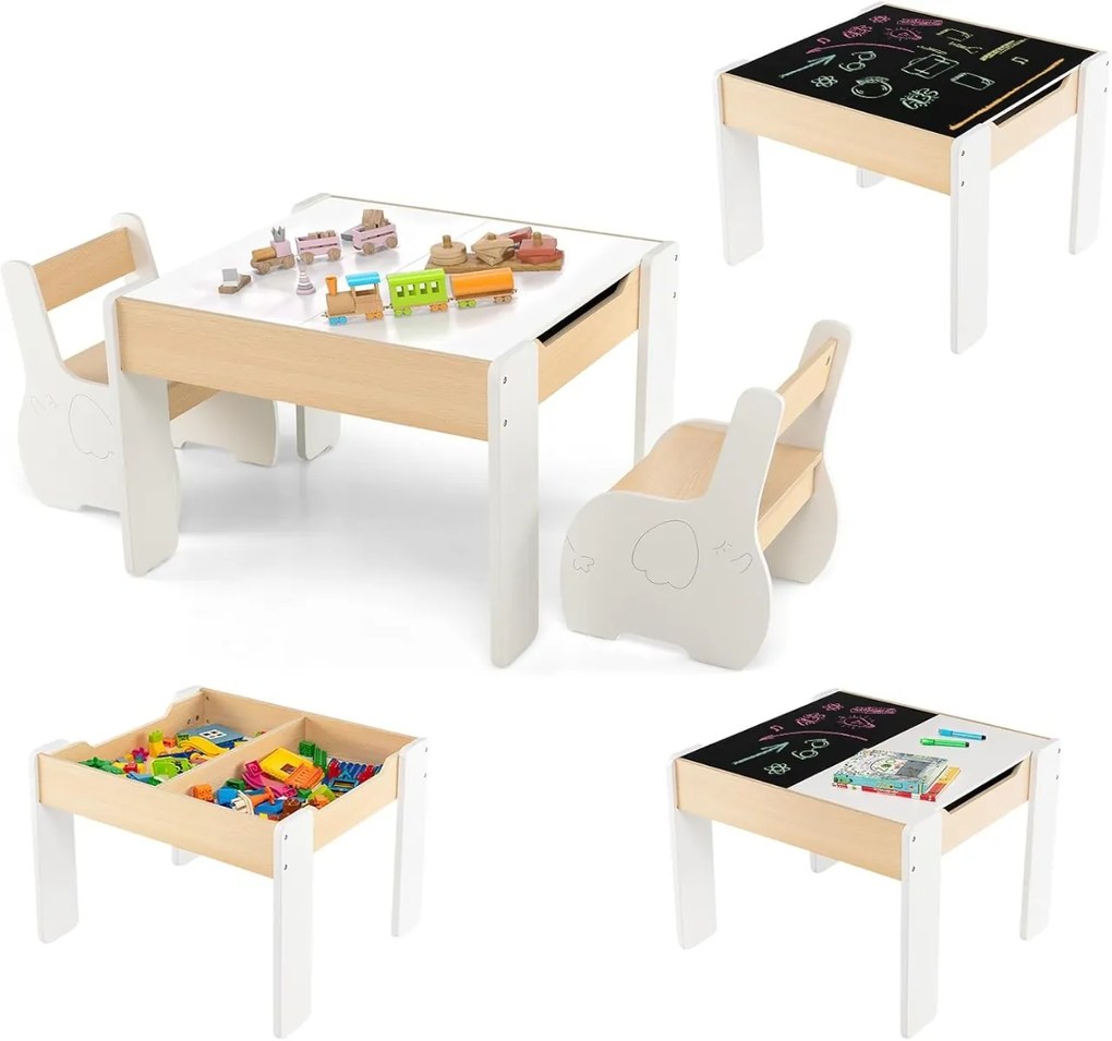 Conjunto de mesa e 2 cadeiras infantis de 3 peças com arrumação e quadro removível para sala de jogos e creche Branco