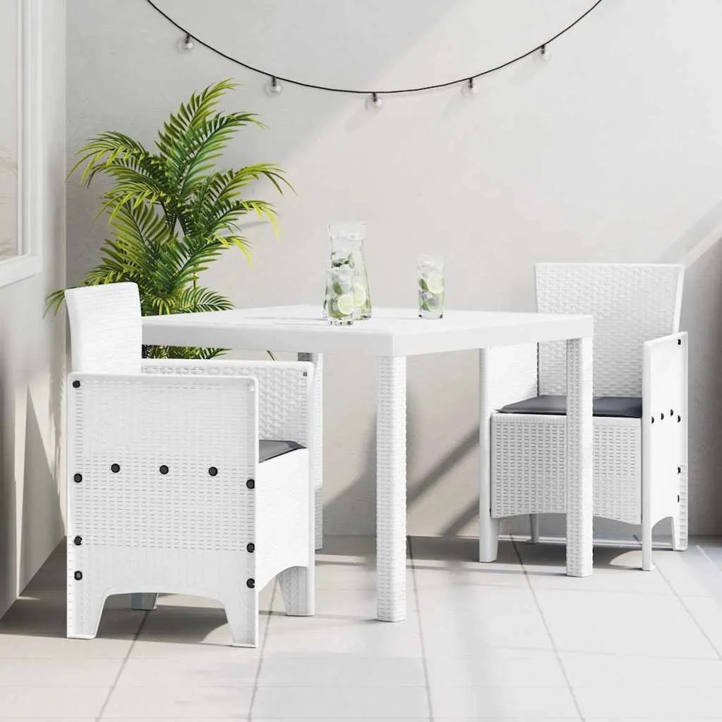 vidaXL Conjunto de jantar de jardim com 3 peças e almofadas em rattan branco e poliéster