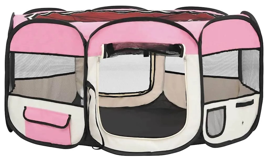 Parque dobrável p/ cão c/ saco de transporte 145x145x61cm rosa