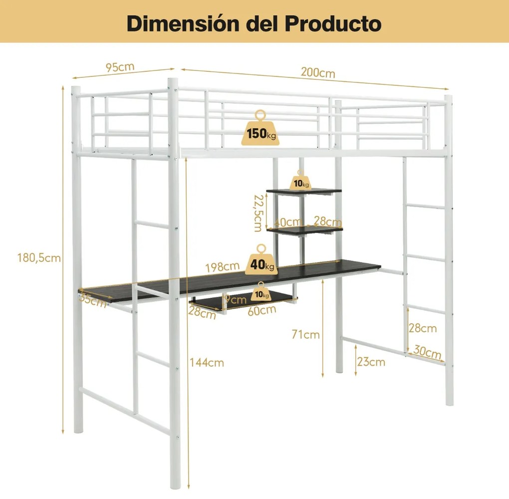 Cama alta com secretária infantil, 2 escadas bilaterais e 2 prateleiras de arrumação estrutura Branca