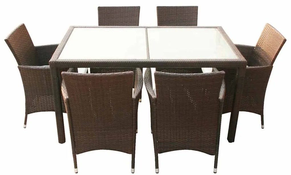 7 pcs conjunto jantar exterior com almofadões vime PE castanho