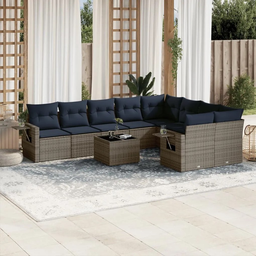 vidaXL 10 pcs conjunto sofás p/ jardim c/ almofadões vime PE cinzento