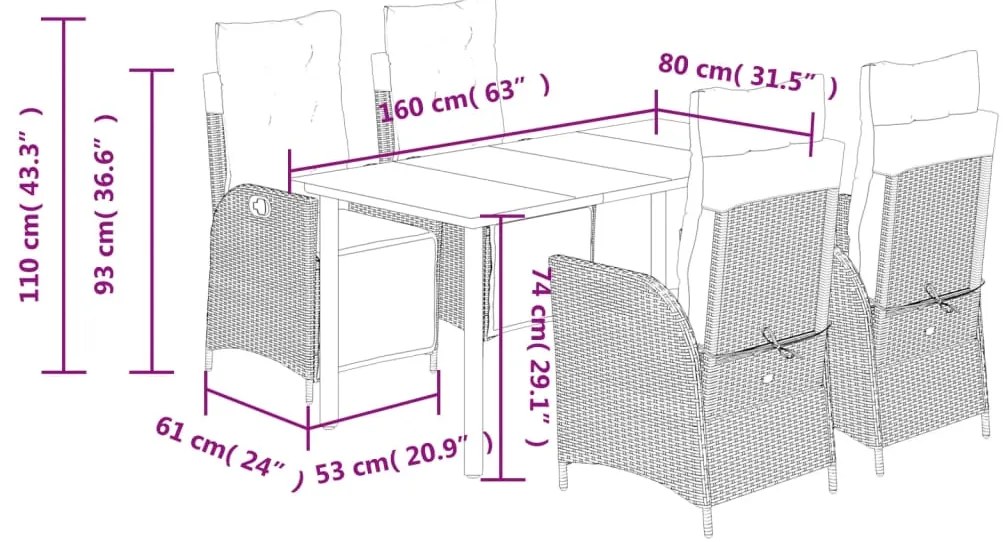 5 pcs conjunto jantar p/ jardim c/ almofadões vime PE castanho