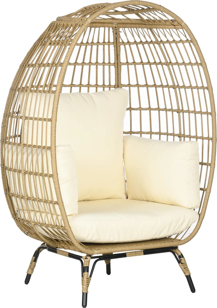 Outsunny Poltrona em formato de cesto com aparência de rattan, almofadas macias, estrutura em alumínio, kaki+bege, 105 x 90 x 148 cm | Aosom Portugal