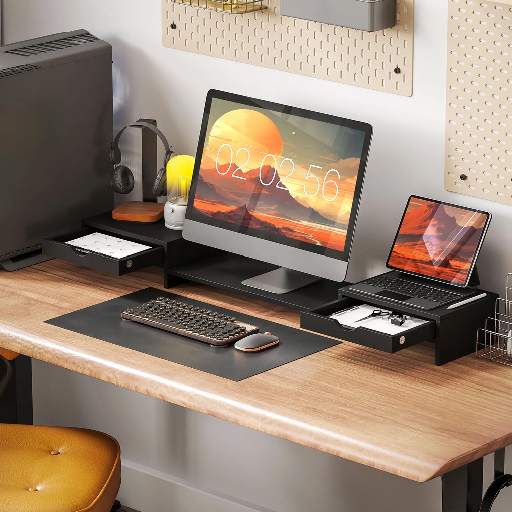Suporte elevador para ecrã de computador de secretária, suporte para ecrã de computador de 60 a 116 cm com 2 gavetas, comprimento e ângulo ajustáveis,
