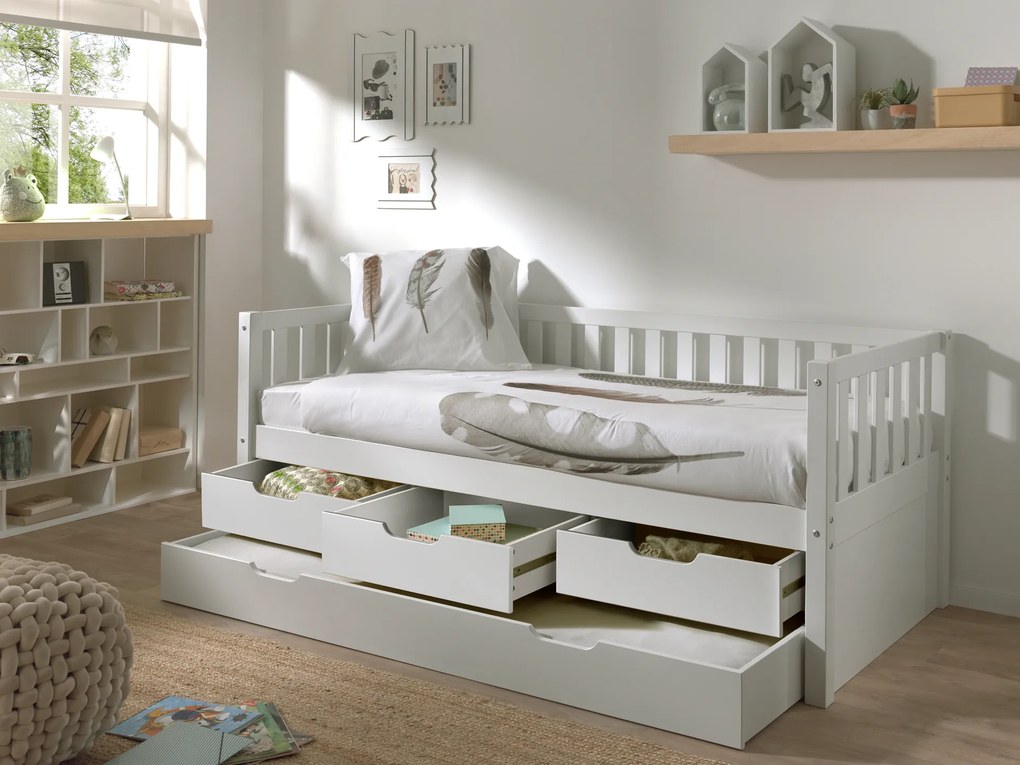 Cama infantil FRITZ (90x200) com 3 gavetas + Gaveta inferior + Estrado Branca