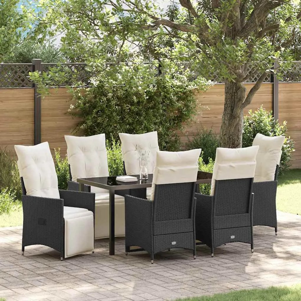 vidaXL Conjunto de Jantar de Jardim com 7 Peças e Almofadas Pretas em Rattan e Poliéster