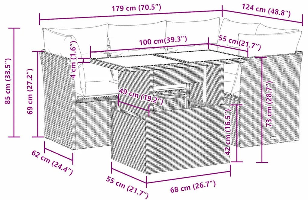 5 pcs conjunto sofás p/ jardim c/ almofadões vime PE castanho