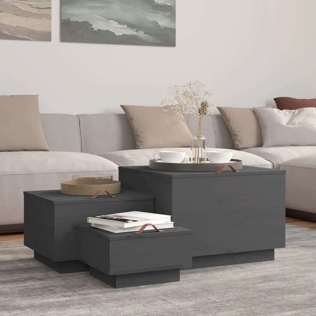 vidaXL Caixas de arrumação com tampas 3 pcs pinho maciço cinza