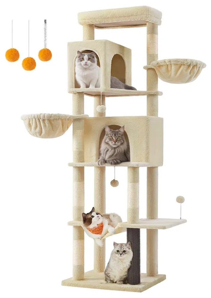 Arranhador para gatos com 190,7 cm de altura, 2 cavernas e 2 cavidades para descansar, cor areia bege