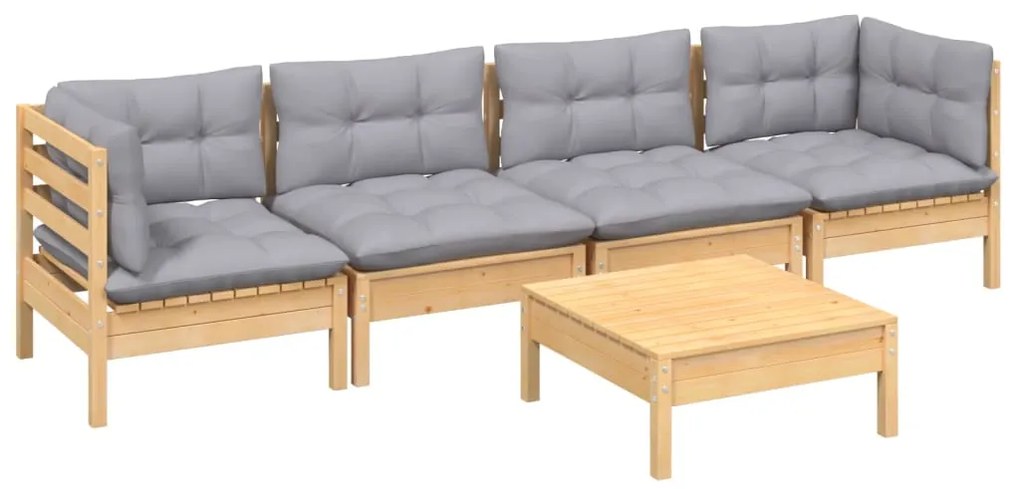 5 pcs conjunto lounge de jardim + almofadões cinza pinho maciço