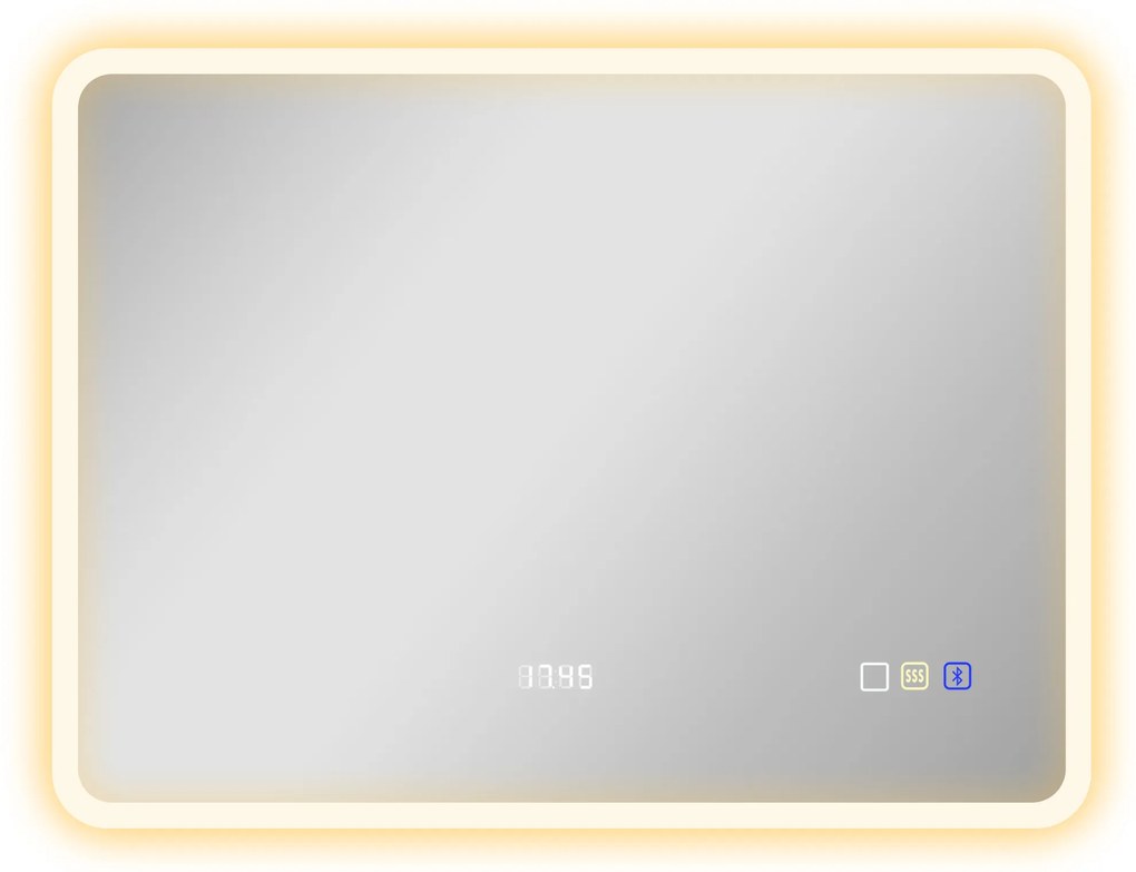 Espelho de Casa de Banho com Luz LED 80x60 cm Bluetooth 3 Cores de Luz Relógio Digital Função Antiembaciamento Função de Memória Prata