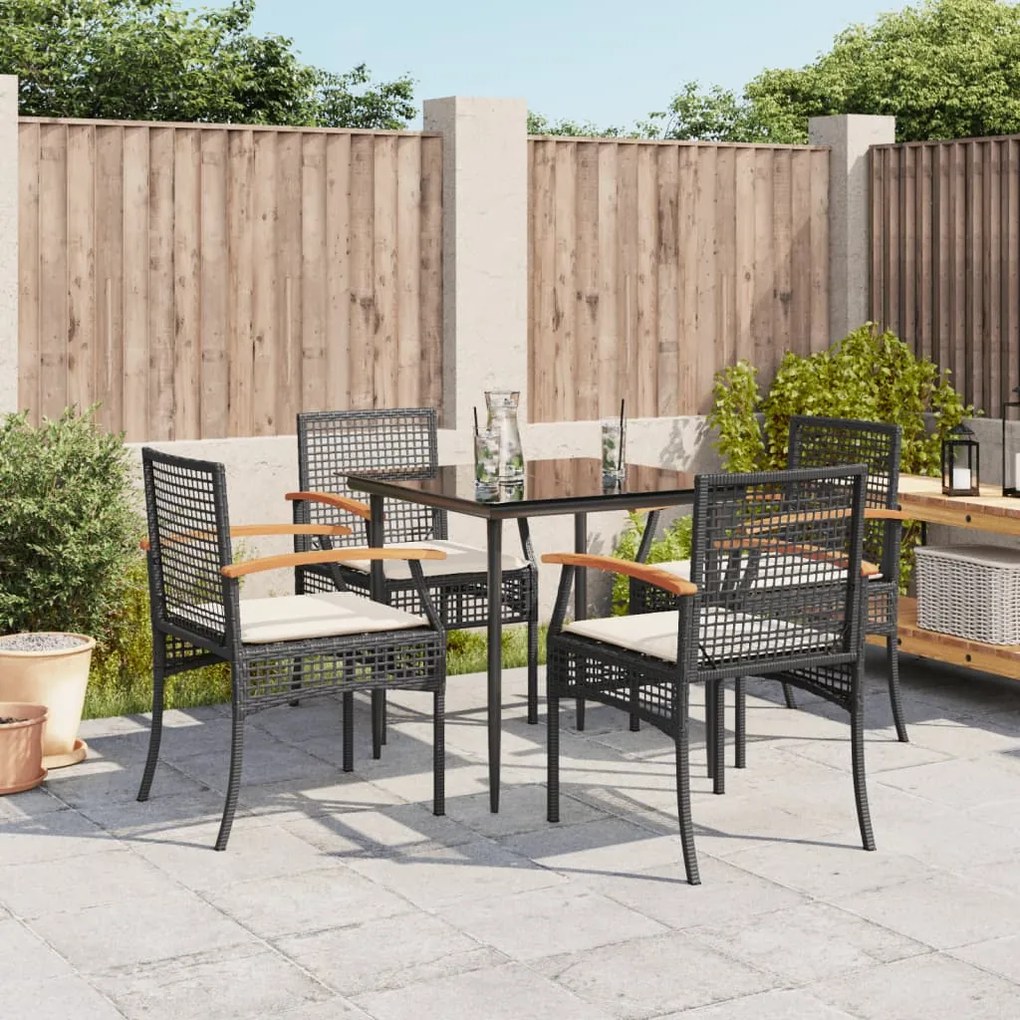 5 pcs conjunto de jantar p/ jardim c/ almofadões vime PE preto