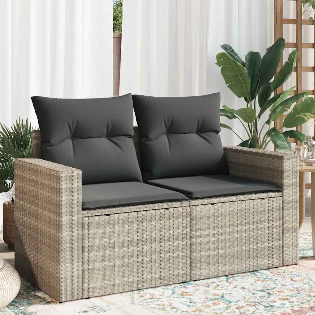 vidaXL Sofá jardim de 2 lugares com almofadões vime PE cinzento claro