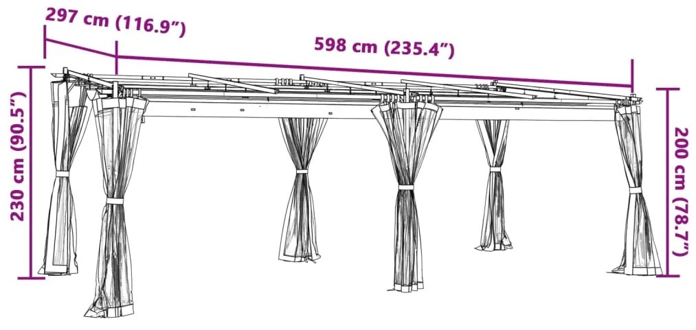 Gazebo com paredes de malha 6x3 m aço cinzento-acastanhado