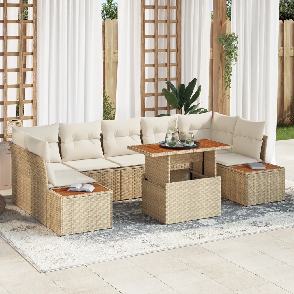 Conjunto de Sofá para Jardim com 8 Peças e Almofadas Bege de Rattan Po