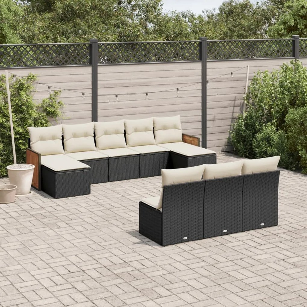10 pcs conjunto sofás de jardim c/ almofadões vime PE preto