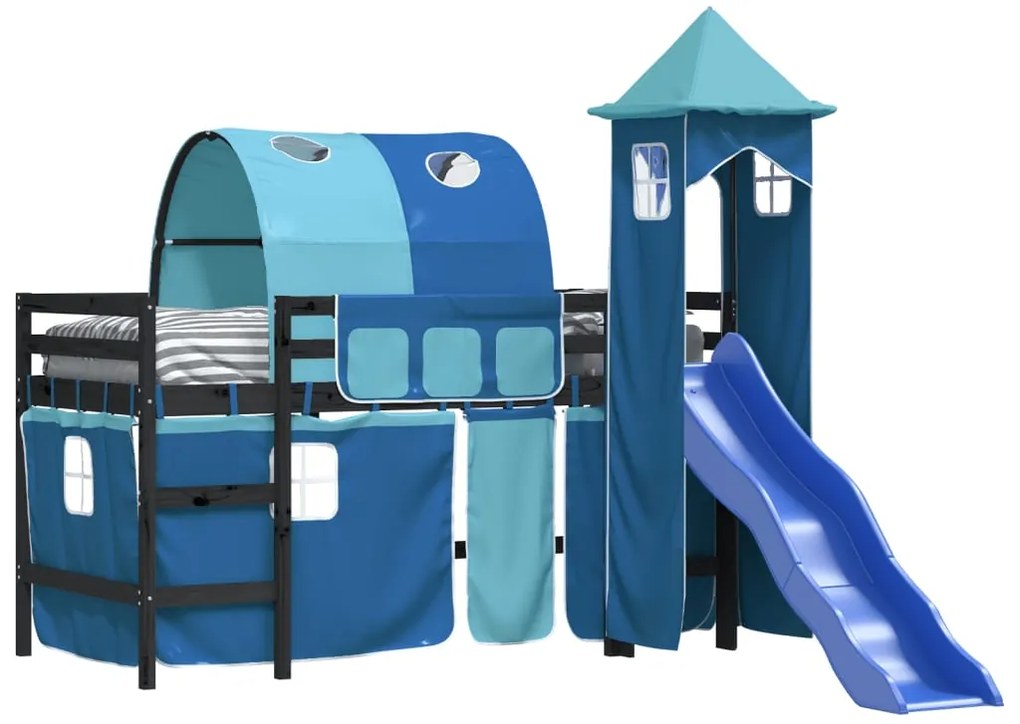 Cama alta para criança com torre 80x200 cm pinho maciço azul