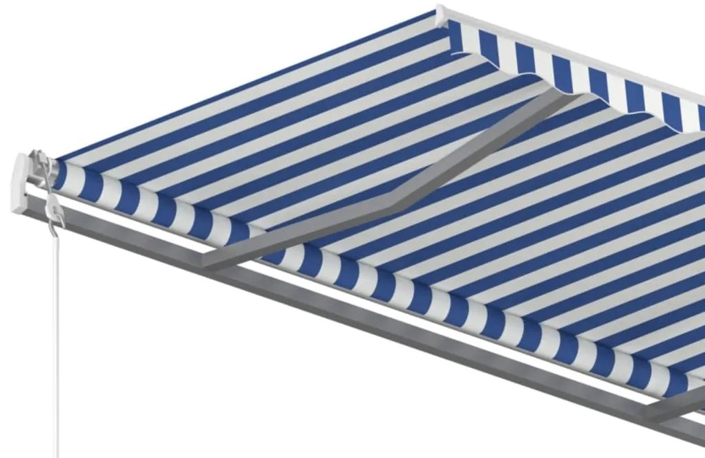 Toldo retrátil manual com postes 4x3,5 m azul e branco