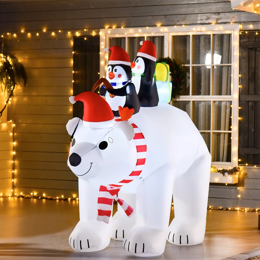 Urso Polar Insuflável, 227 x 113 x 206 cm, Luzes LED, Branco, Vermelho e Preto