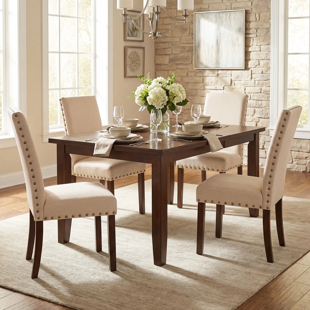Conjunto de 2 Cadeiras de Jantar Estofadas, 44,5 x 67 x 96 cm, Assento Acolchoado, Bege