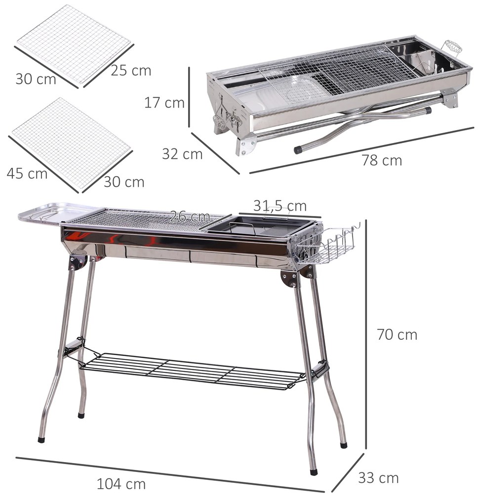 Outsunny Barbecue a Carvão Portátil Barbecue a Carvão Dobrável com Prateleiras de Armazenamento para Jardim Exterior Campismo 104x33x70 cm Prata