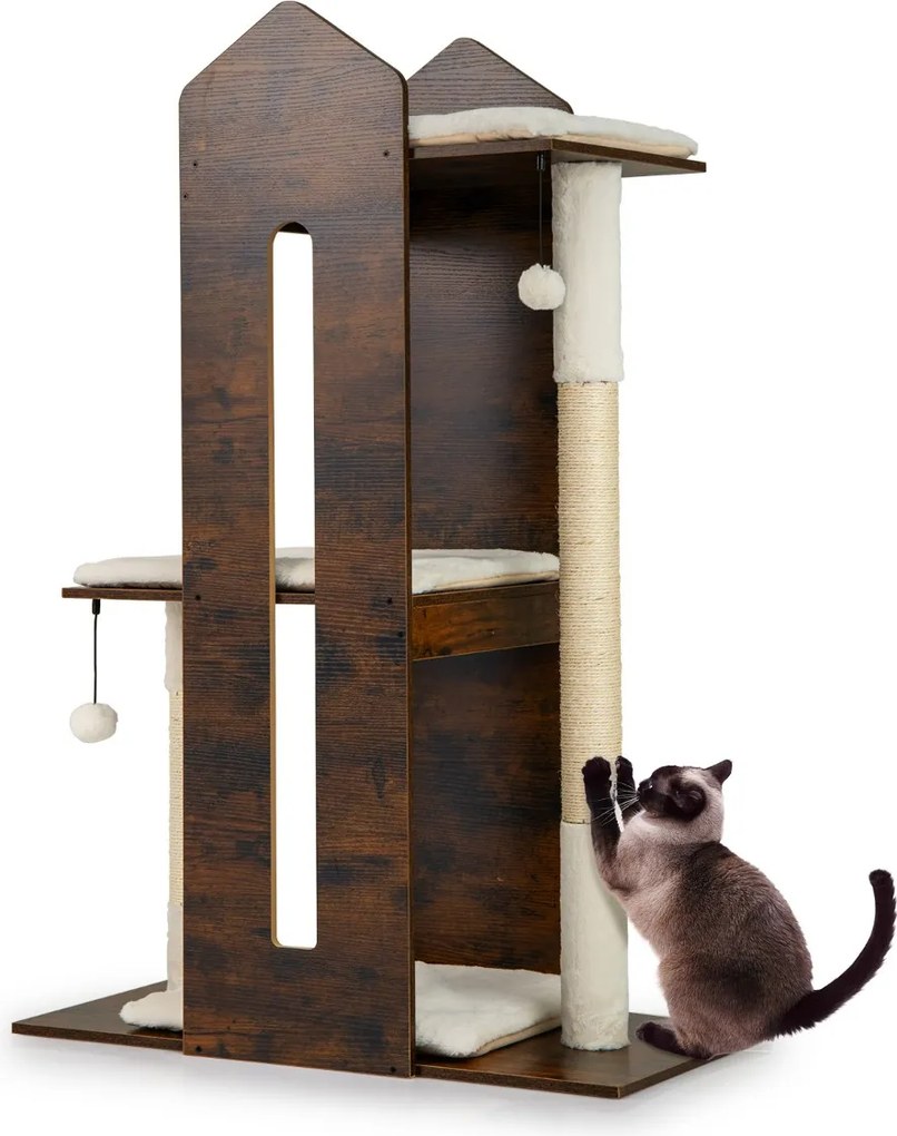 Arranhador para gatos 80 x 40 x 120 cm de interior Torre de madeira com poste de sisal para arranhar Bolas suspensas Almofadas de pelúcia laváveis Cas