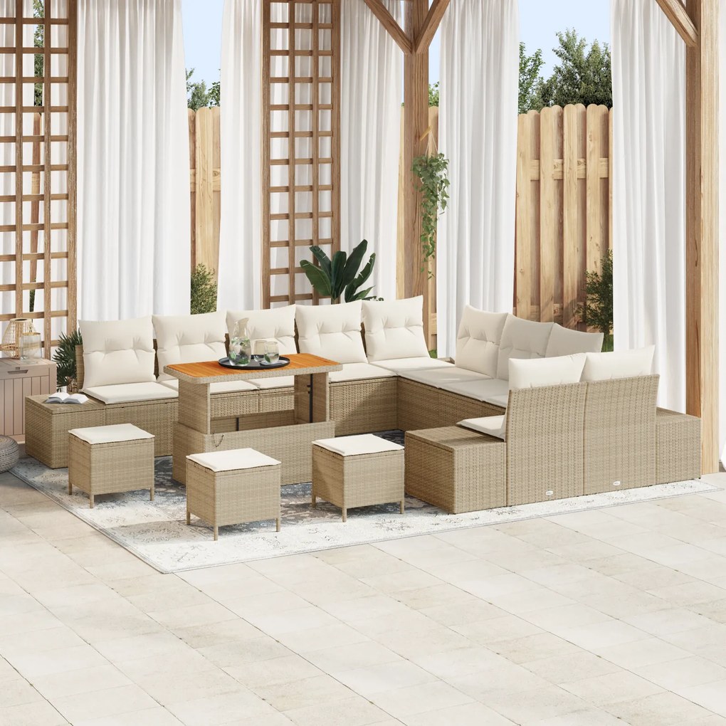 Conjunto de Sofá de Jardim vidaXL com 14 Peças e Almofadas Bege Rattan Acácia