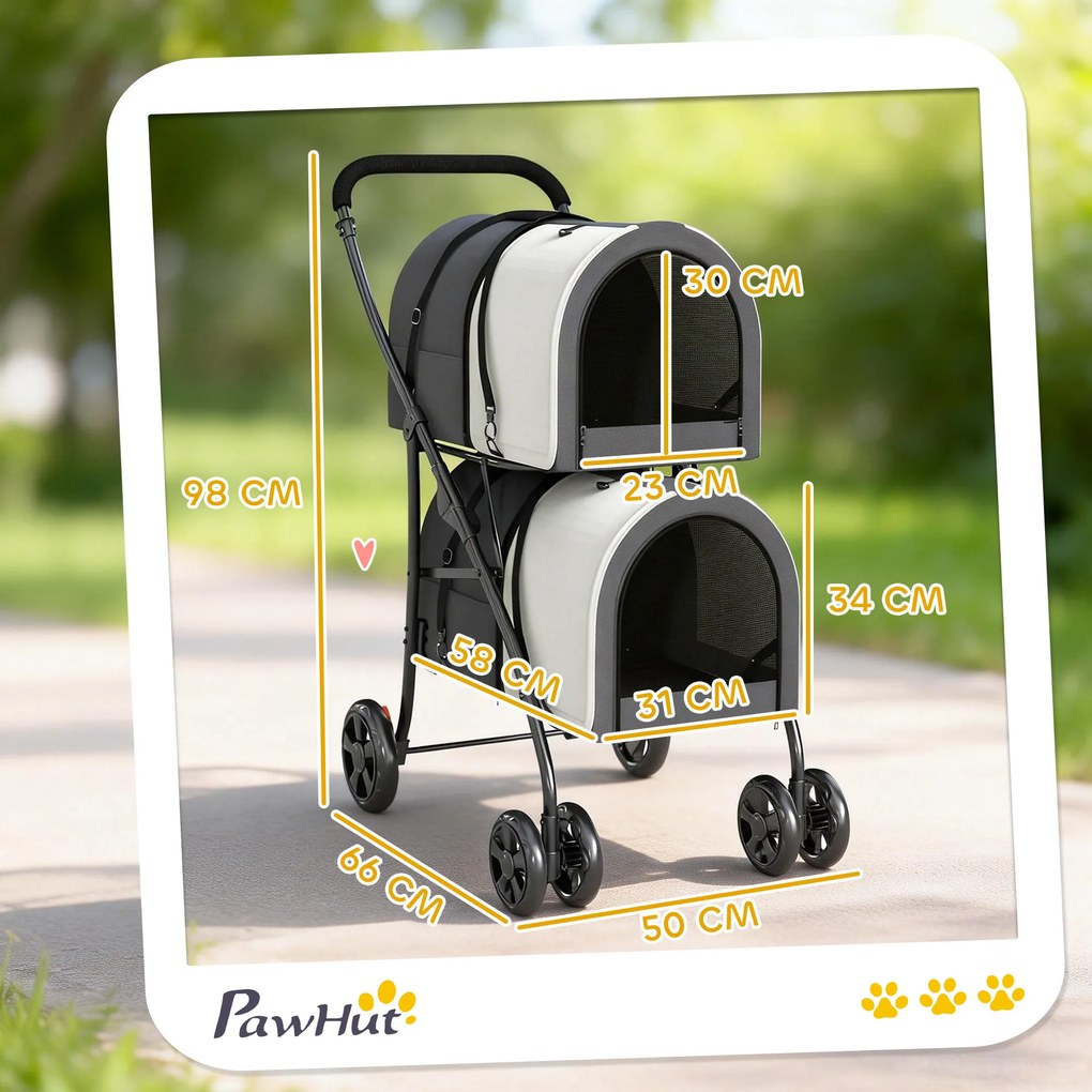 Carrinho Duplo para Cães e Gatos Dobrável com 2 Transportadoras Removíveis com Cinto e Almofadas 66x50x98 cm Cinzento Escuro