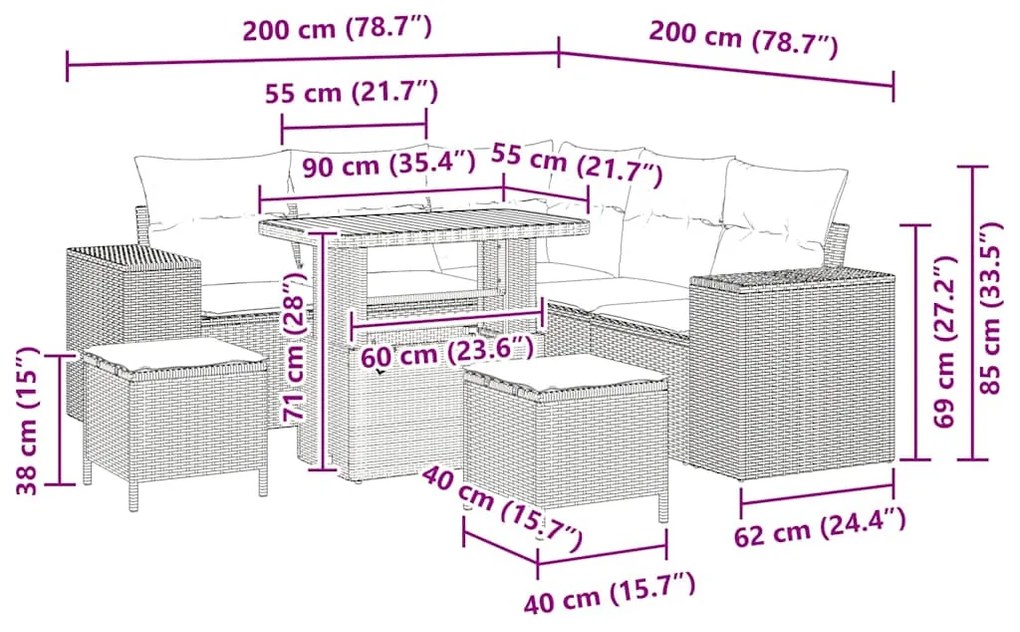 Conjunto de Sofá de Jardim com 8 Peças e Almofadas em Rattan de Poliés